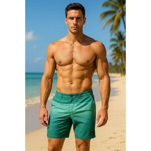 OAKLEY Swim Trunks Men's Size 34 Green‎ Stripe Board Surfer Logo Beach